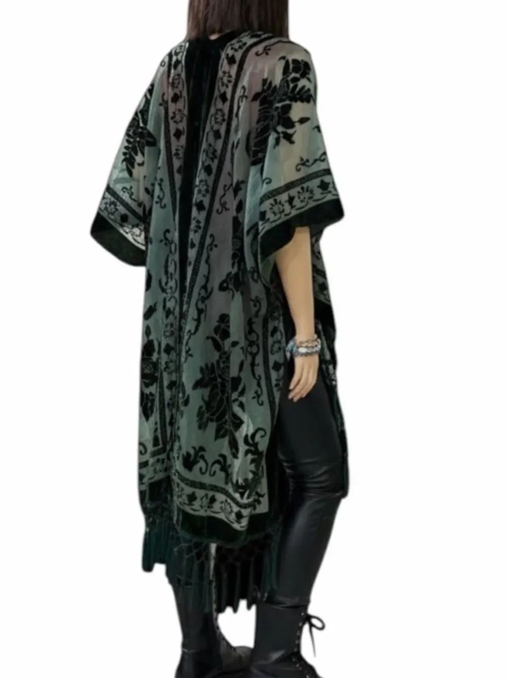 Velvet Dark Green Long Fringe Kimono Jacket - Duster OSFM NWT
